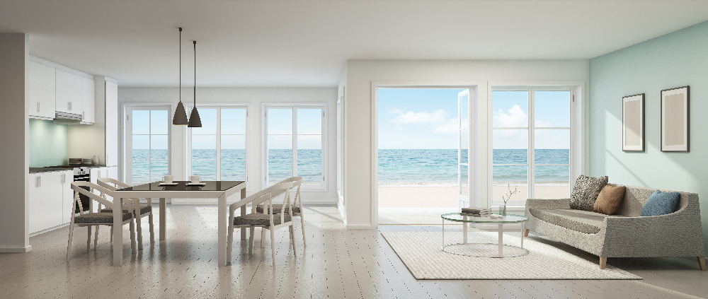 3d render of a beach house living room
